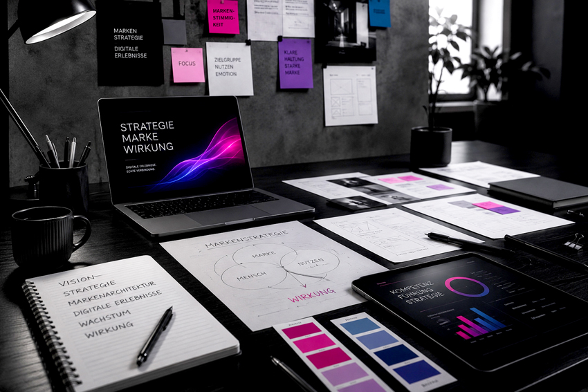 Kreativer Arbeitsplatz zum Thema Strategie, Marke und Wirkung mit Unterlagen, Notebook, Schreibblock, abgebildet in den Farben schwarz, weiß, Blau, magenta und lila