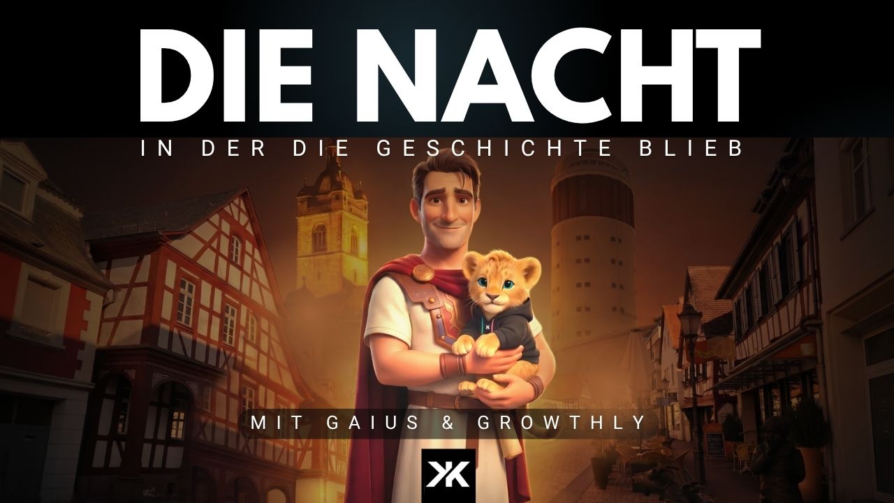 Film poster showing title in German "Die Nacht in der die Geschichte blieb, mit Gaius & Growthly"