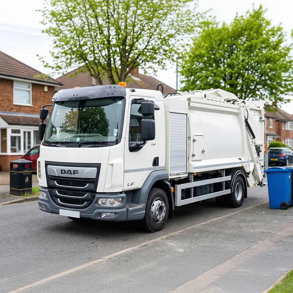 White Fuso refuse collection truck with yellow stripe parked outside a grey industrial building.