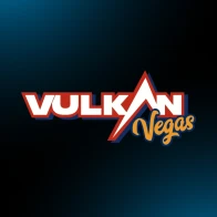 Vulkan Vegas casino logo with bold white, red, and yellow text on a dark blue background.