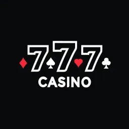 Casino logo featuring the numbers 777 with playing card suit symbols diamond, spade, heart, and club, above the word CASINO in white on a black background.
