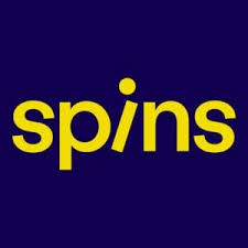 Spins brand logo with yellow text on a dark blue background.