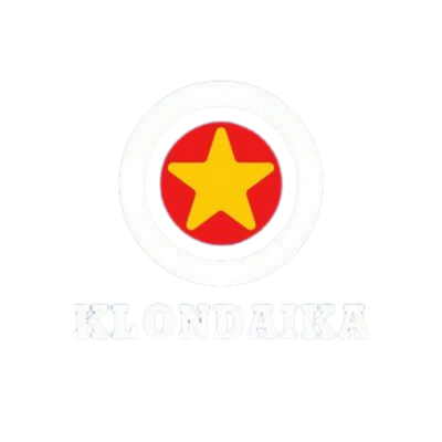 Klondaika logo featuring a yellow star inside a red circle, surrounded by a blue and white ring, on a blue background.