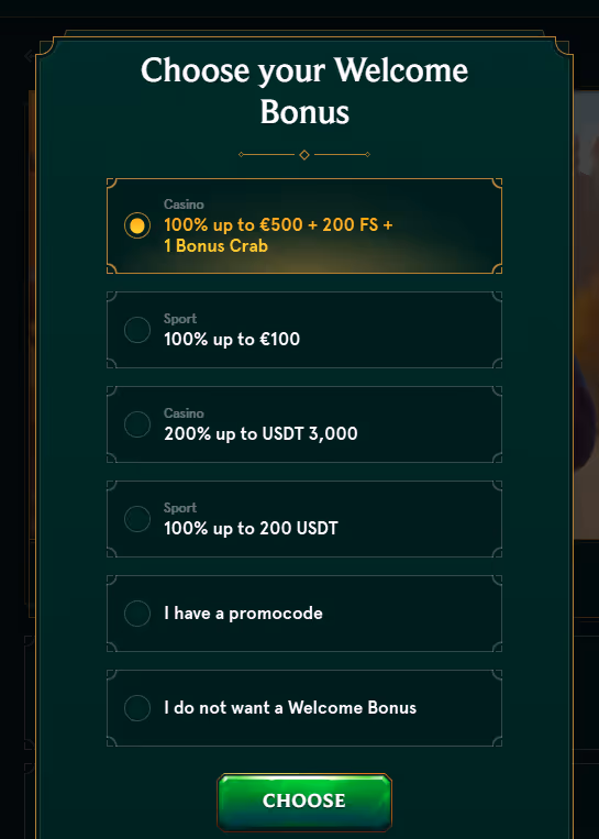 Welcome bonus selection screenshot from Casinia casino