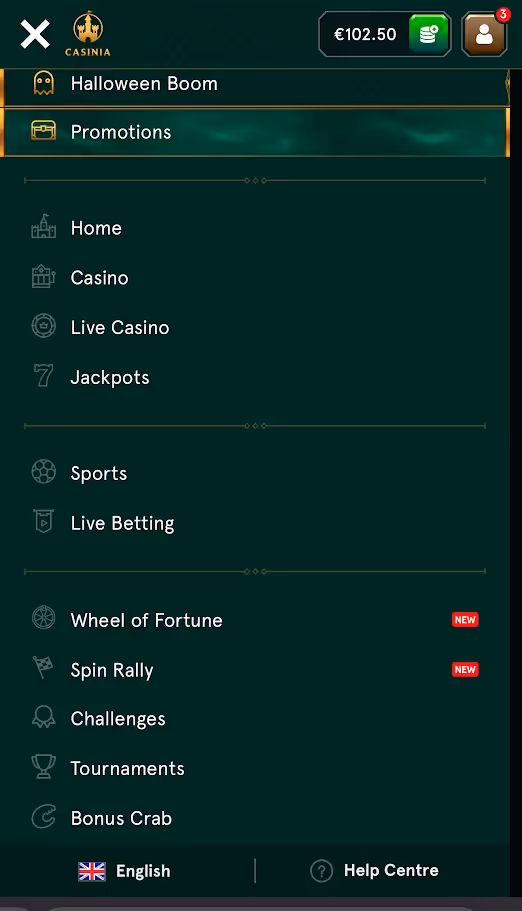 Mobile menu screenshot for Casinia casino