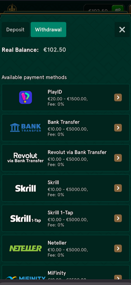 Screenshot of Casinia casino withdrawal screen on mobile