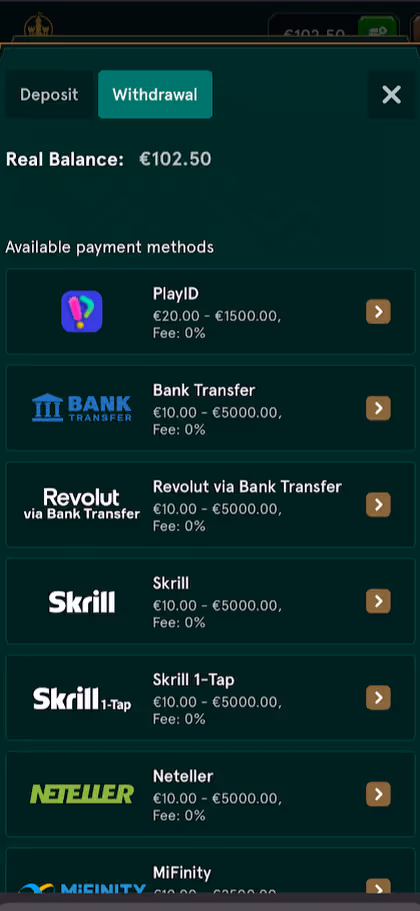 Screenshot of Casinia casino withdrawal screen on mobile