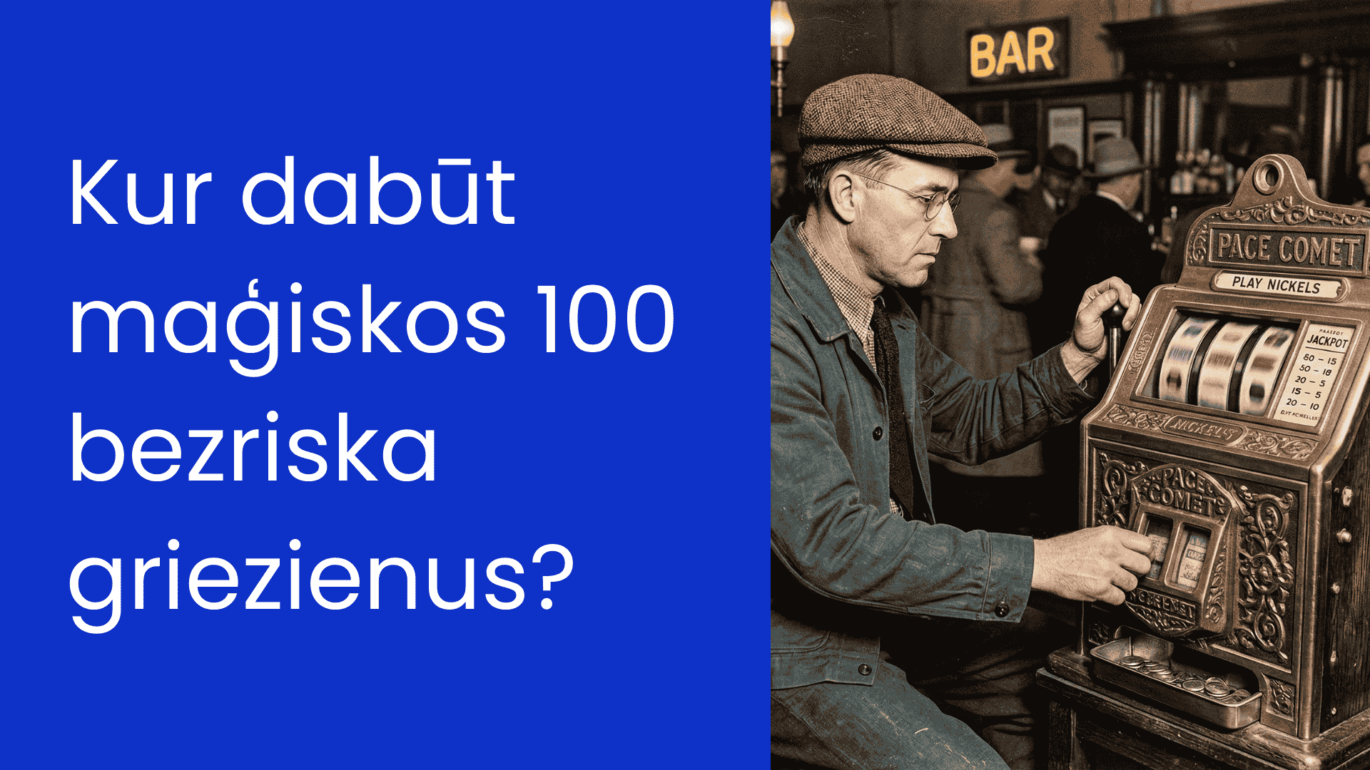 Teksts "Kur dabūt maģiskos 100 bezriska griezienus" uz zila fona, blakus attēls ar vecmodīgu vīriti spēlējot spēļu automātus.