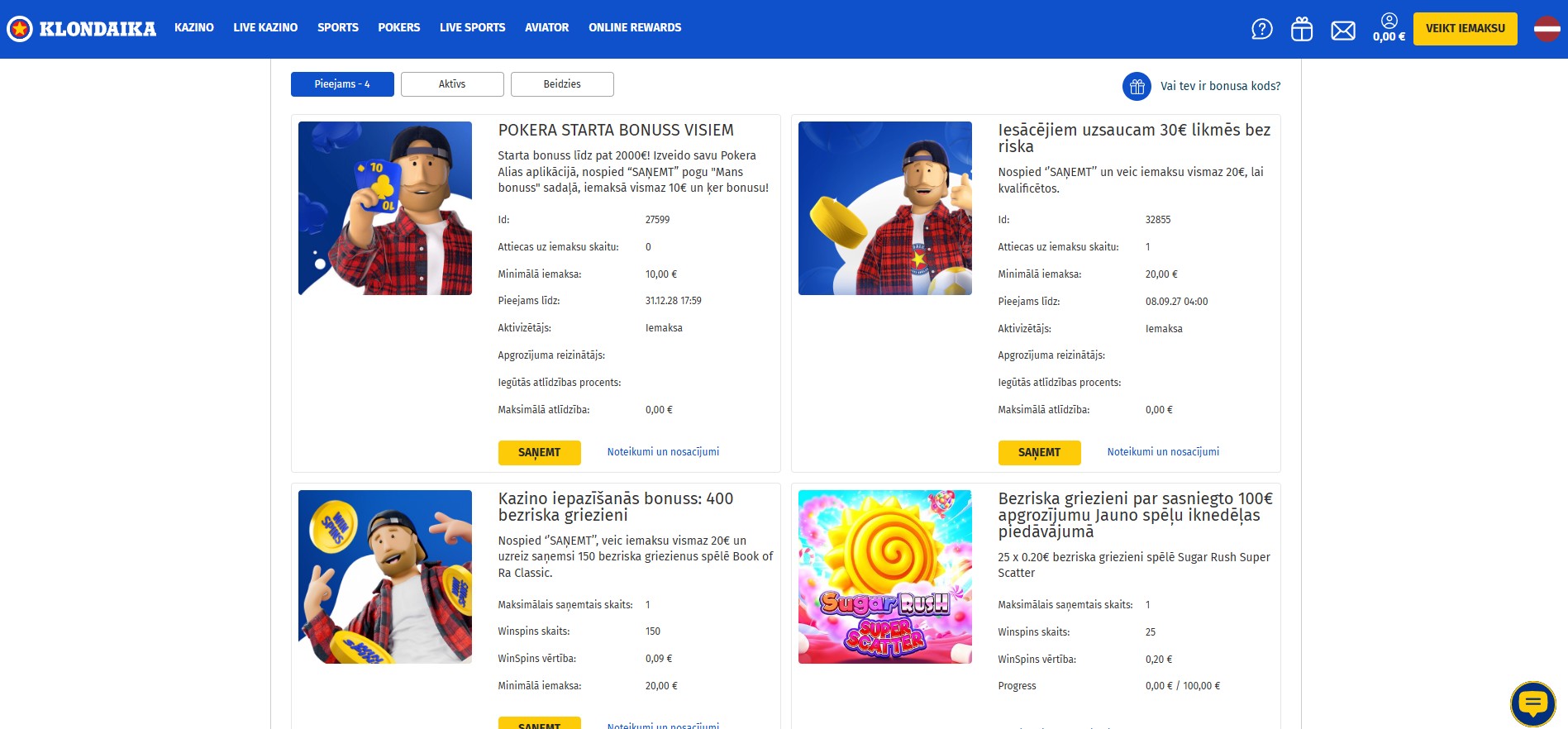 Klondaika kazino bonusu sadaļa ar redzamiem četriem bonusiem.