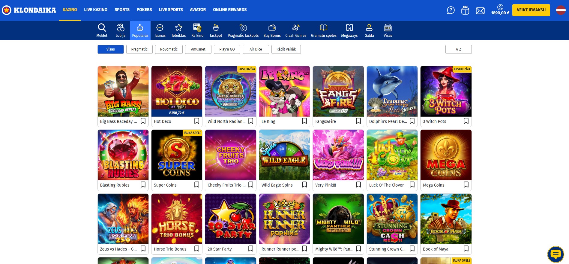 Klondaika online kazino slotu spēļu sadaļa. 