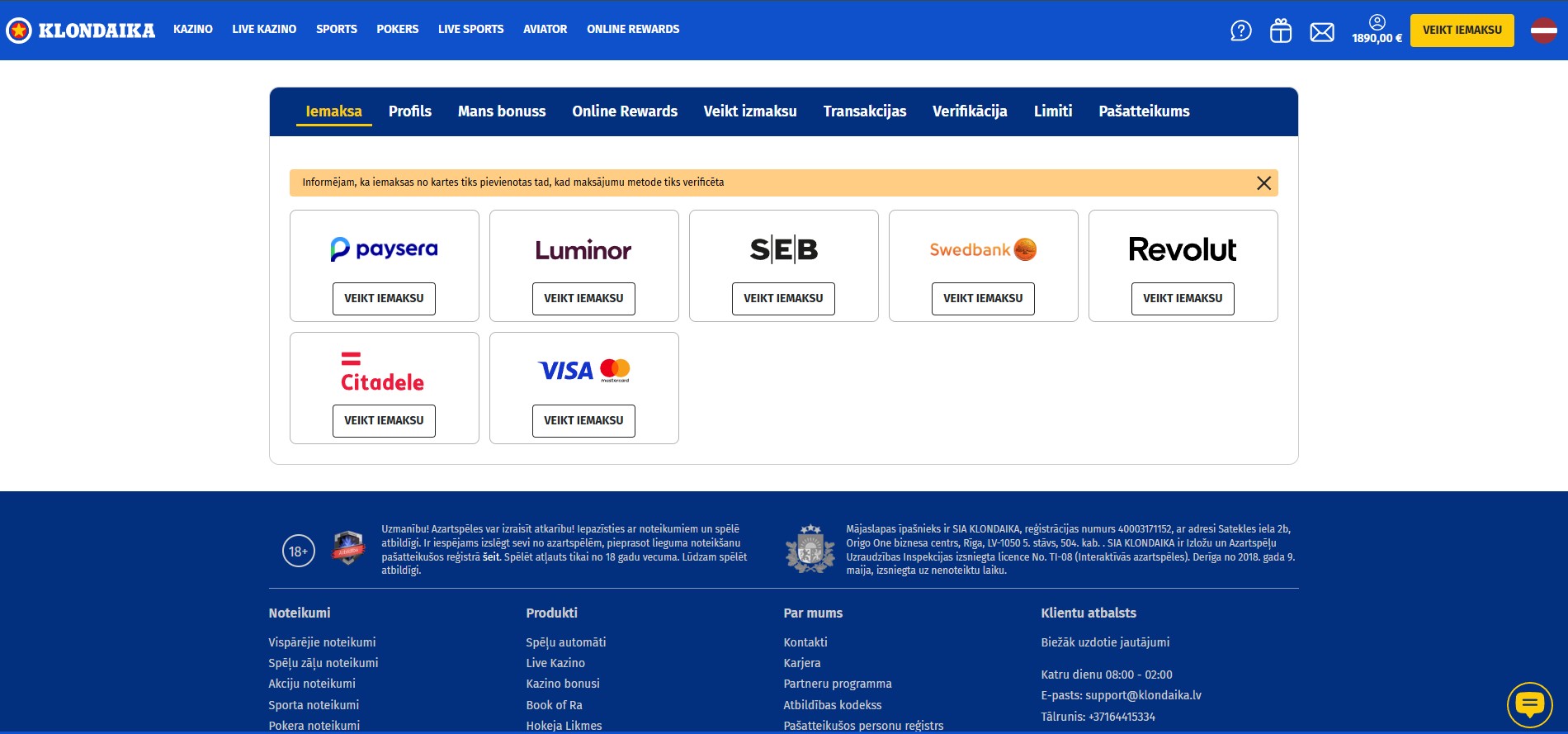 Klondaika online kazino maksājumu sadaļa.