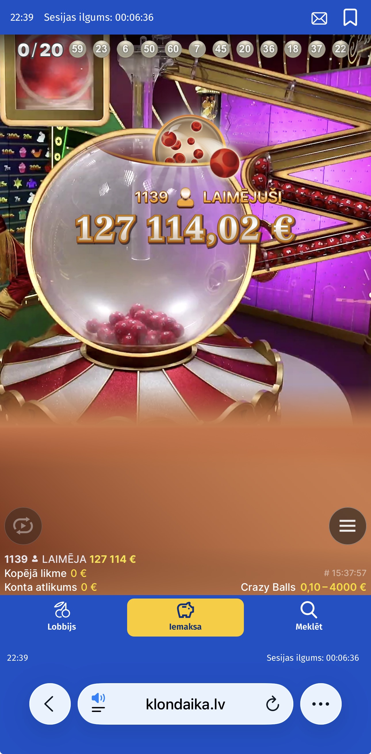 Crazy balls azartspēles ekrānšāviņš Klondaika online kazino.