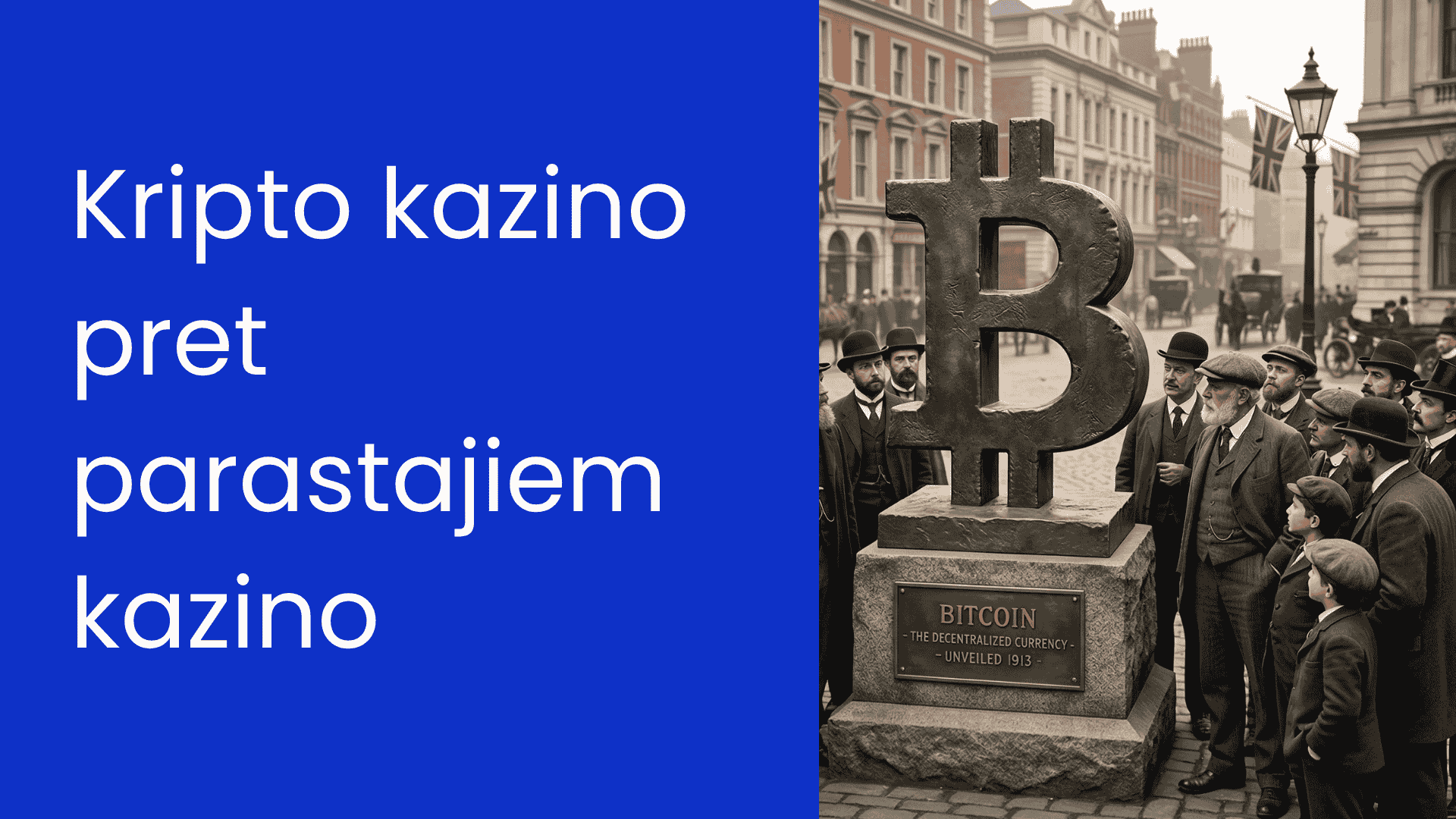 Text kripto kazino pret parastajiem kazino on a blue bankground, next to a picture of people looking at a statue of bitcoin logo