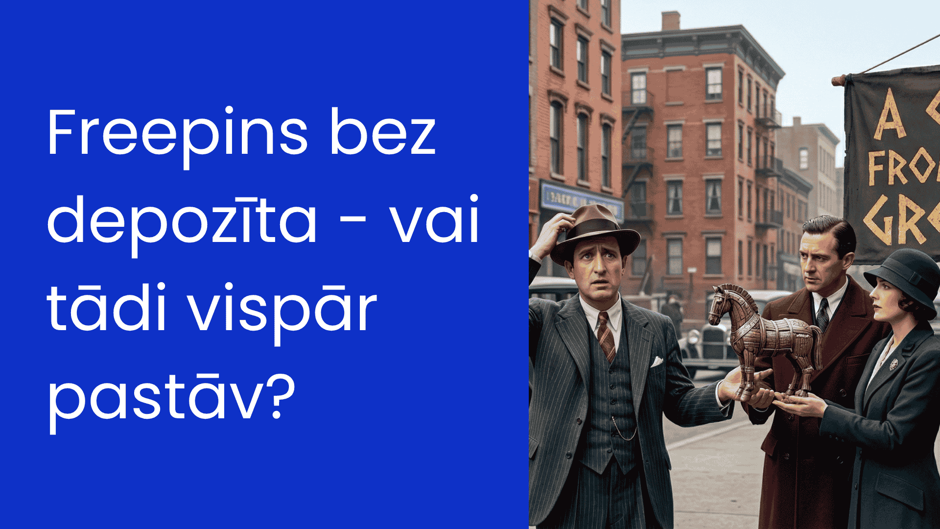 Man beeing gifted a trohan horse, tekst Freepsins bez depozīta on a blue background
