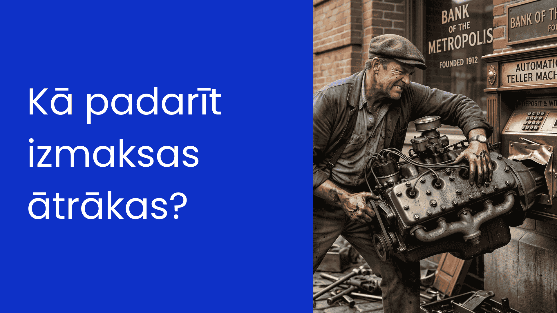 Man sticking a V8 engine into a ATM machine next to text "Kā padarīt izmaksas ātrākas" on a blue background 