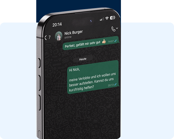 Smartphone mit WhatsApp-Chat, in dem Nick Burger eine Nachricht erhält, dass seine Verlobte und eine weitere Person kurzfristig Hilfe benötigen.