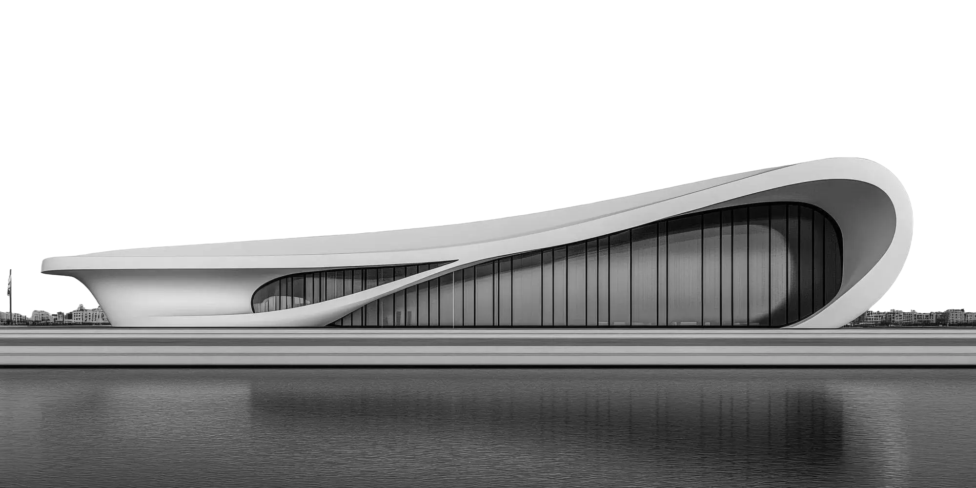 Modern, futuristic building with smooth, curved white surfaces and large glass windows beside calm water reflecting the structure.