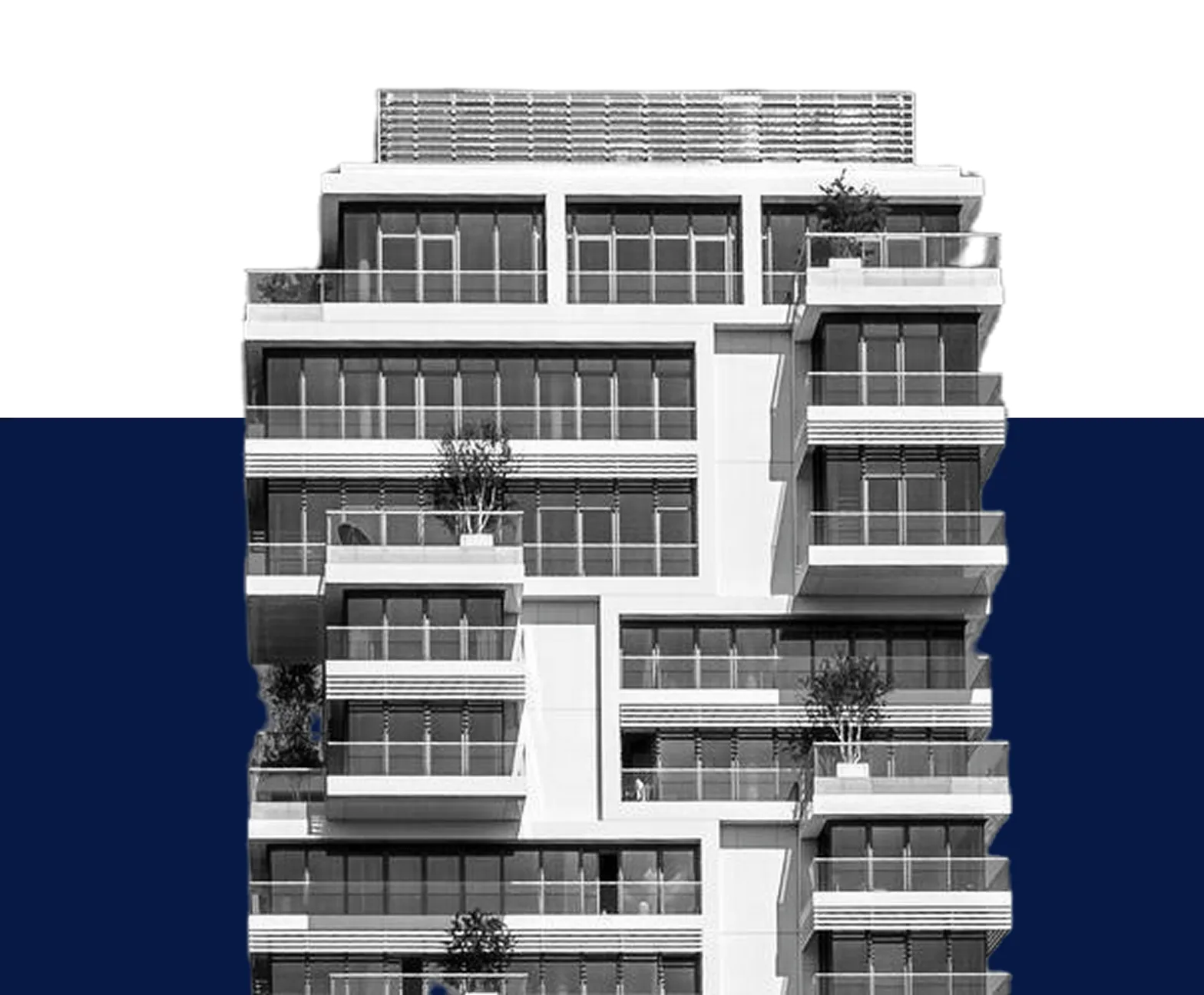 Modern multi-story building with large glass windows and balconies featuring potted plants.