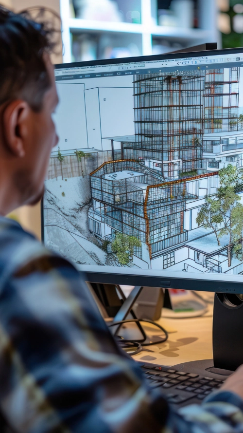 Man using a tablet while examining architectural building models in an office with two women collaborating in the background.