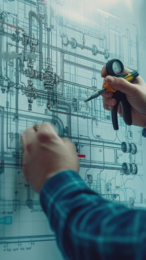 Top view of a blue desk with architecture tools, color swatches, an electronic tablet displaying a floor plan, pencils, a keyboard, and measuring instruments.