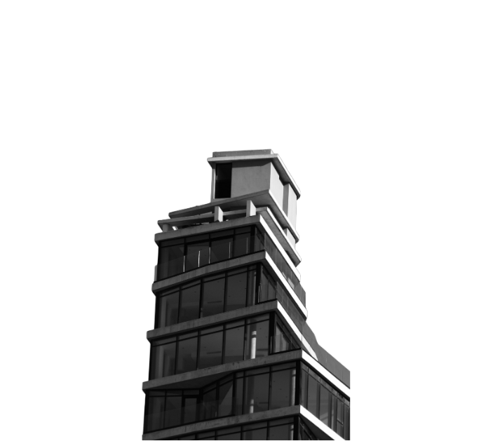 Black and white photo of the top floors of a modern cylindrical glass skyscraper.