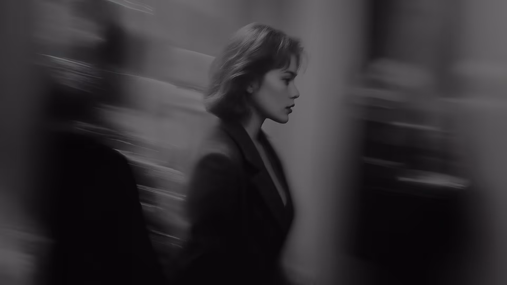 Black and white side profile of a woman with short hair walking in a blurred urban background.