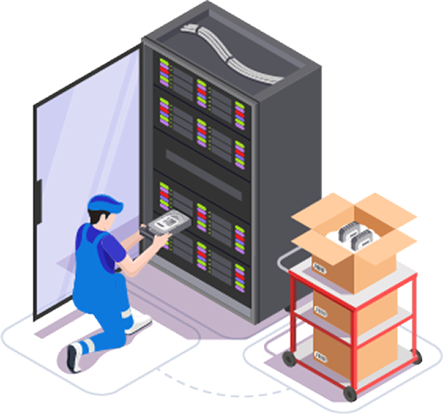Technician installing or maintaining hardware in a data server rack next to stacked boxes on a cart.