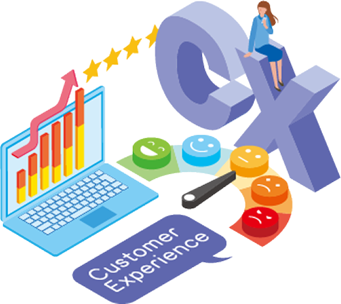 Illustration of customer experience with CX letters, smiling face scale, laptop with rising chart, and woman sitting on X.