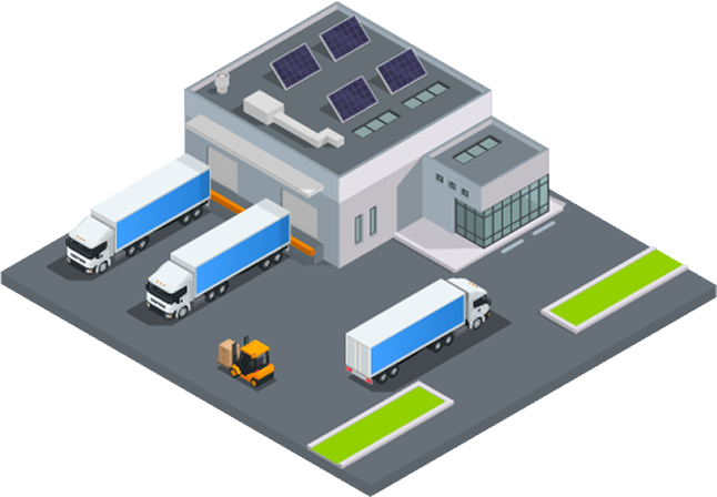 Warehouse with solar panels on the roof and three delivery trucks parked outside, plus a forklift with boxes.