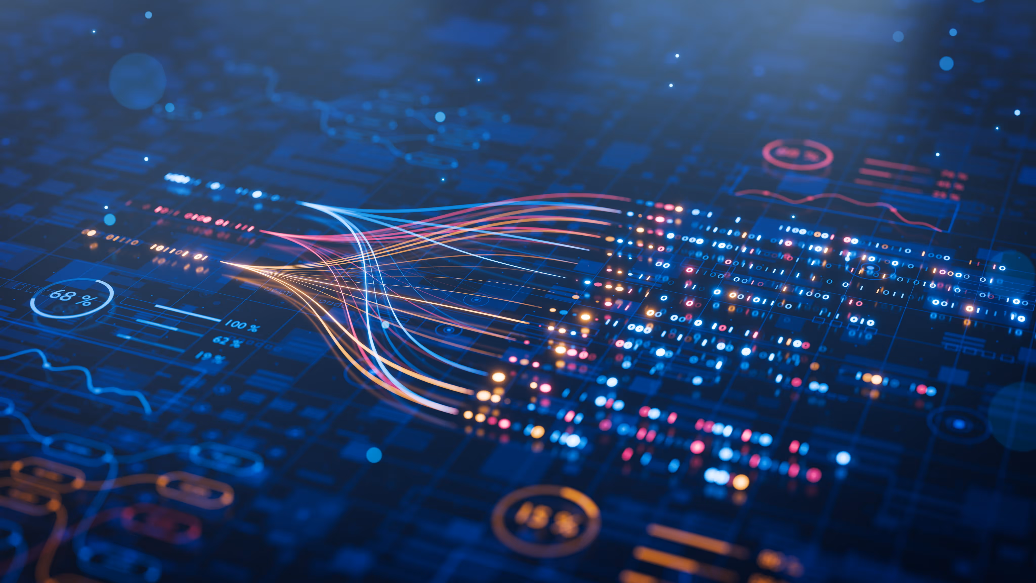 Digital abstract data visualization with glowing lines and binary code on a dark grid background.