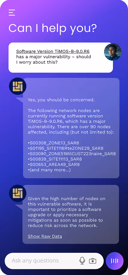 Chat interface discussing software version TiMOS-B-9.0.R6 major vulnerability and network node risks.