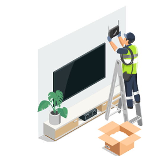 Technician on ladder installing a Wi-Fi router above a TV mounted on a wall.