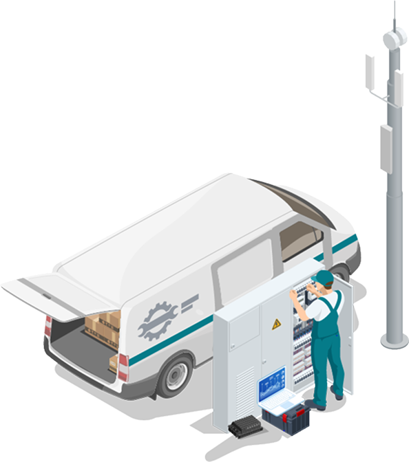 Technician working on an electrical panel near a white service van with tools and equipment.