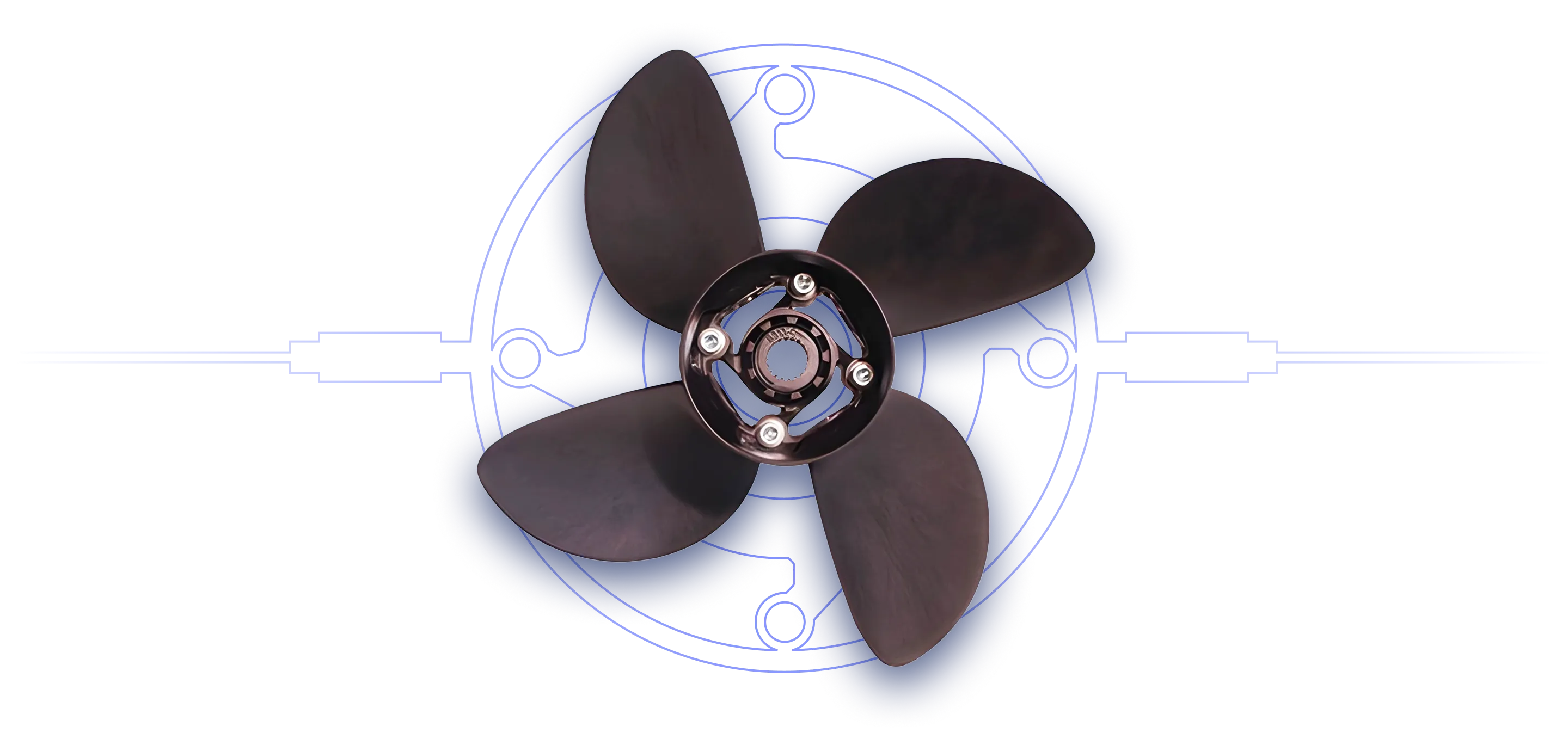 A close up of a propeller on a black background.