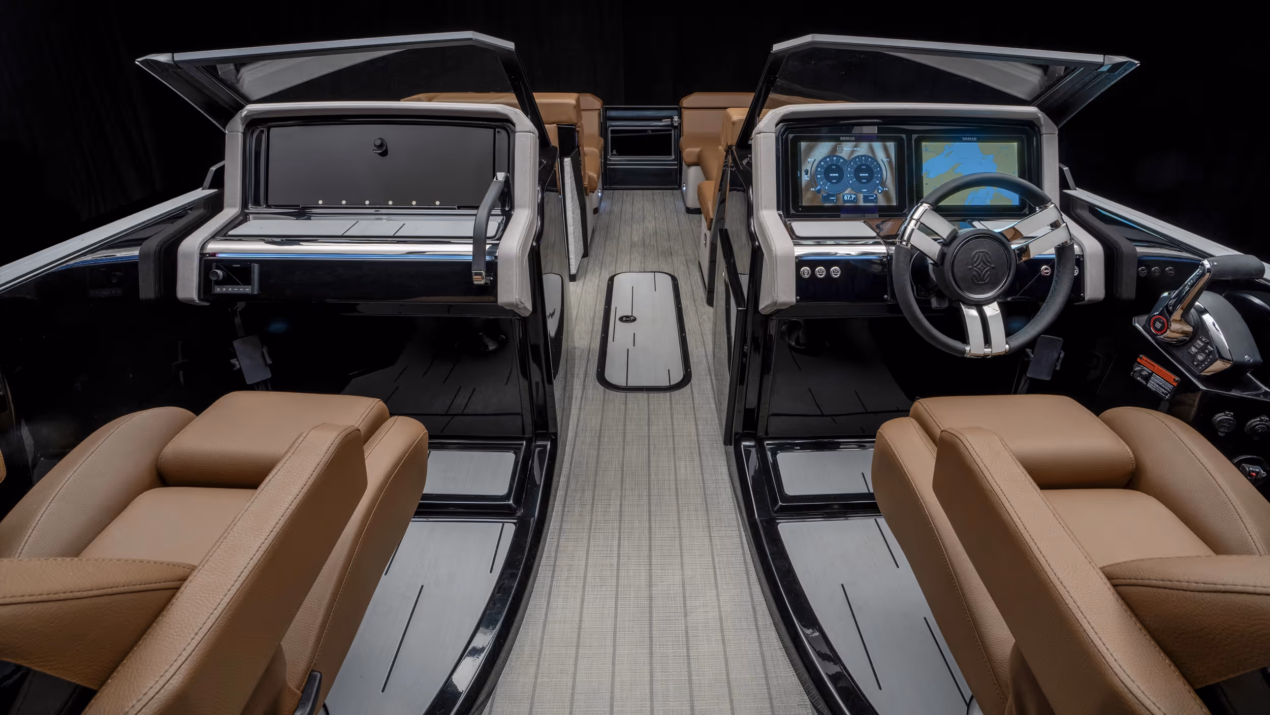 Dual helm setup of Helix 26C featuring twin digital displays and tan leather seating.