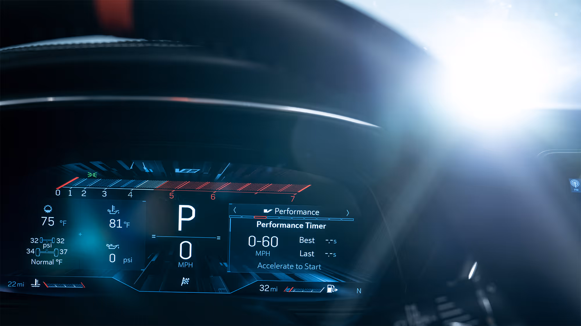 Close-up of Cadillac Blackwing digital instrument cluster with performance metrics and lens flare lighting.