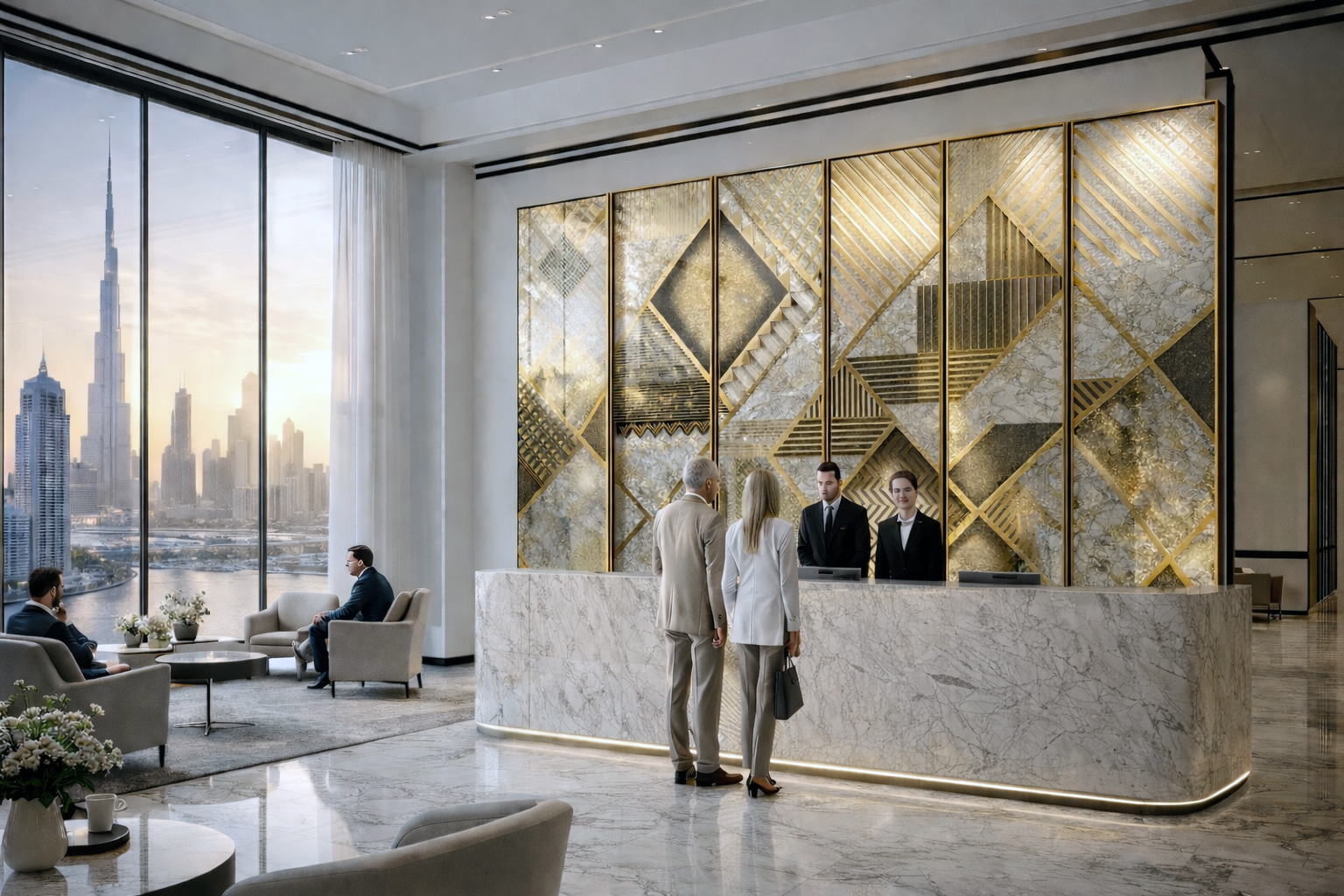 Luxury hotel lobby with marble reception desk, two guests checking in, and large windows showing a city skyline at sunset.
