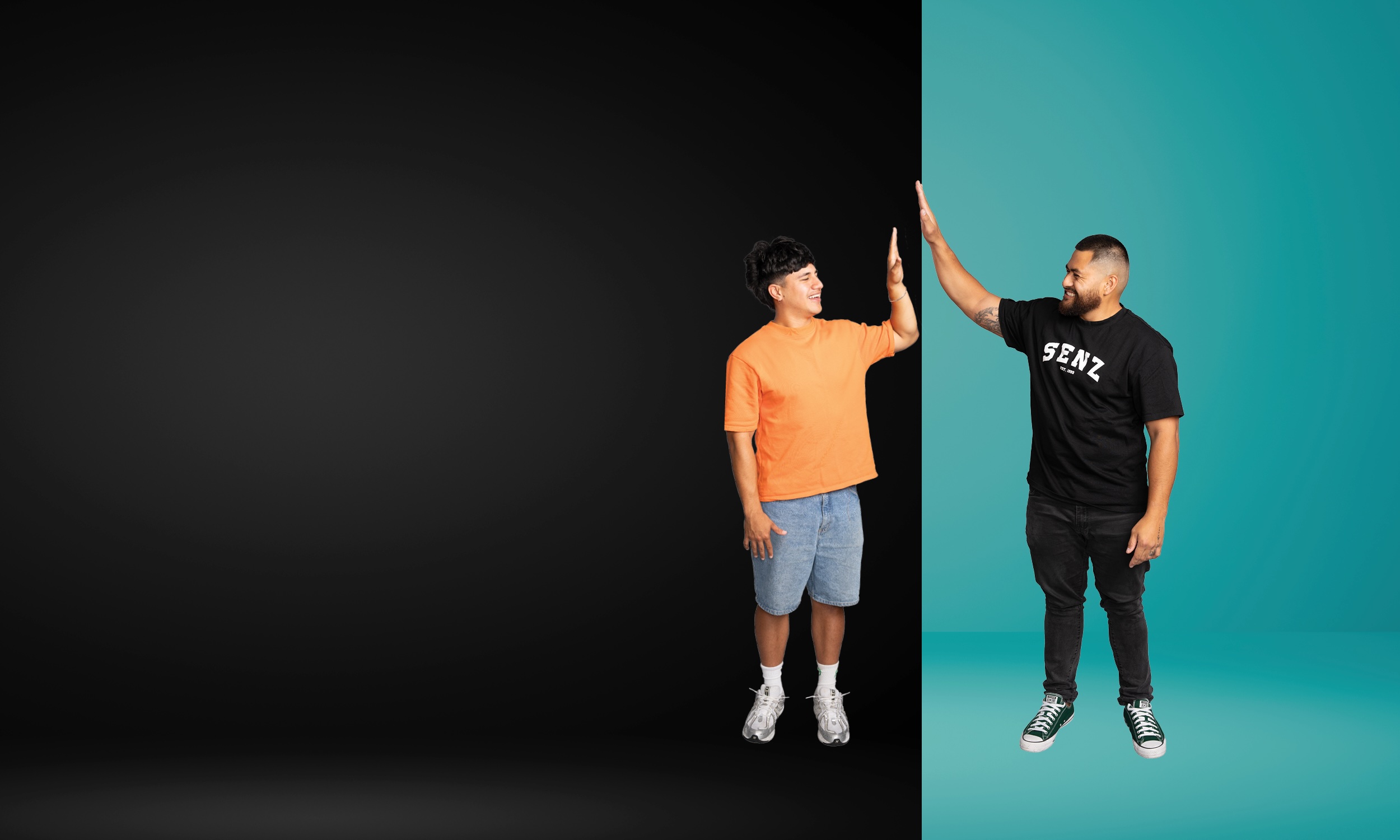 Two men smiling and giving a high-five, one against a black background and the other against a teal background.