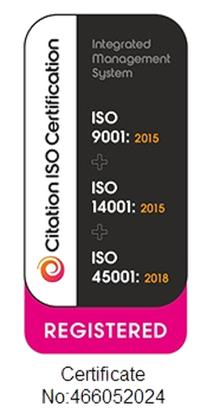 Certification badge for Integrated Management System showing ISO 9001:2015, ISO 14001:2015, and ISO 45001:2018 with registered status.
