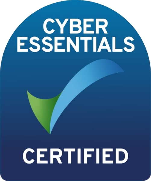 Blue rounded badge with the text 'Cyber Essentials Certified' and a green and blue checkmark in the center.