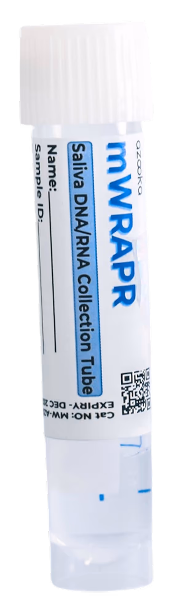 Saliva DNA/RNA collection tube labeled mWRAPR with fields for name and sample ID.