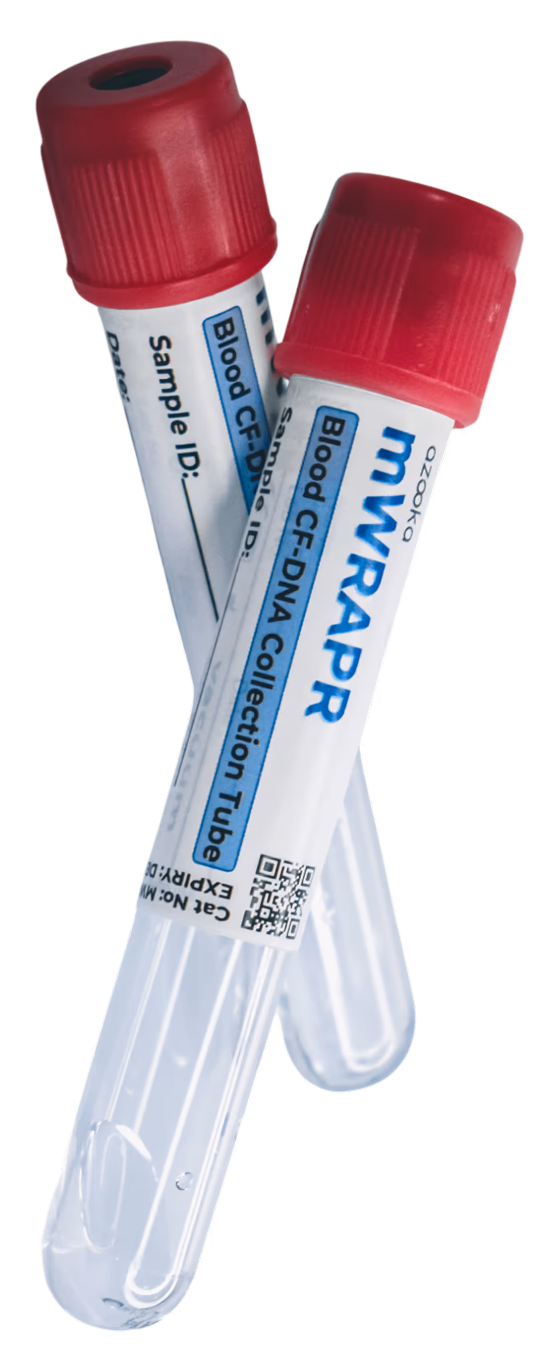 Two clear mWRAPR blood CF-DNA collection tubes with red caps and white labels.