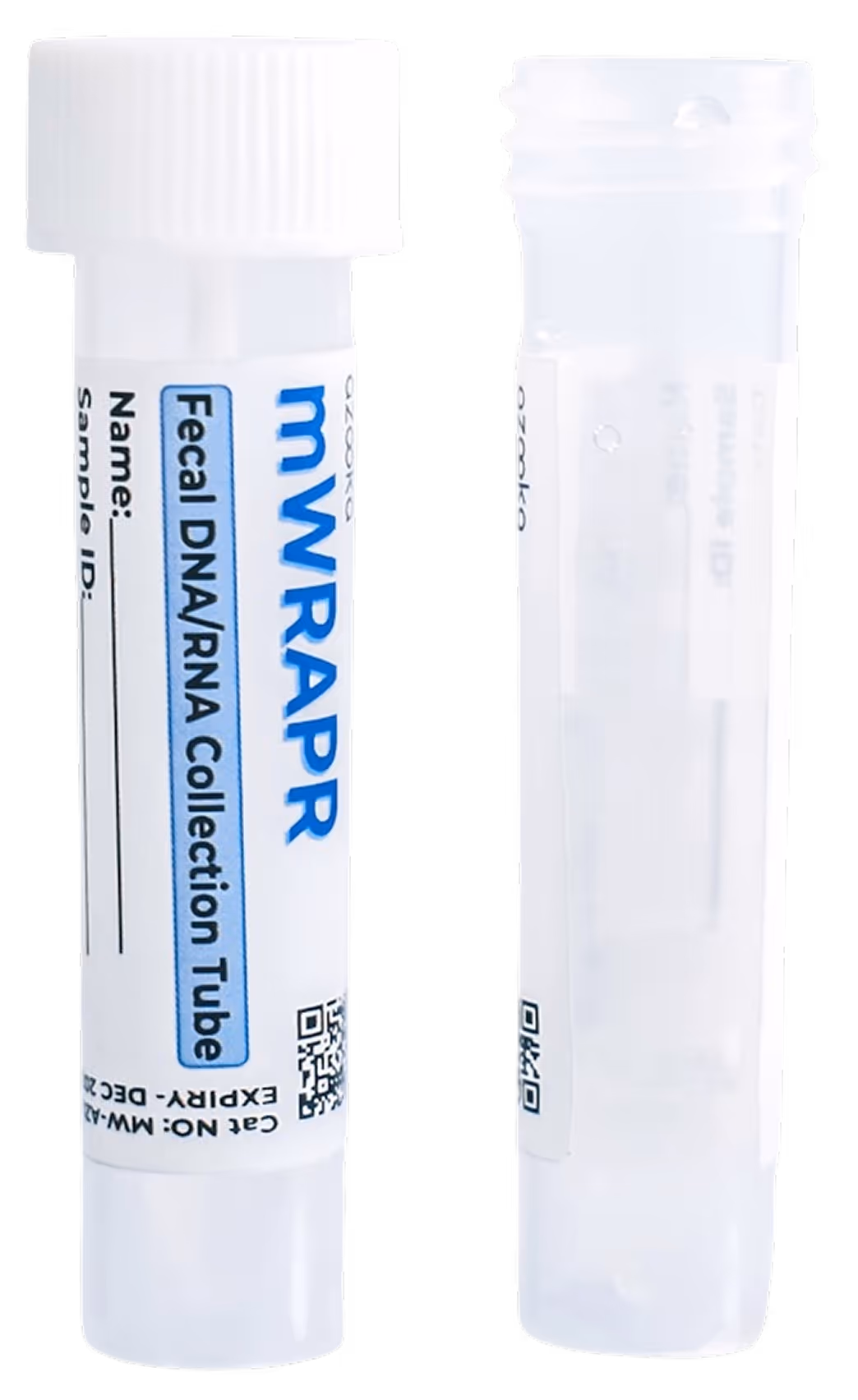 Two mWRAPR fecal DNA/RNA collection tubes, one with a white screw cap and label.