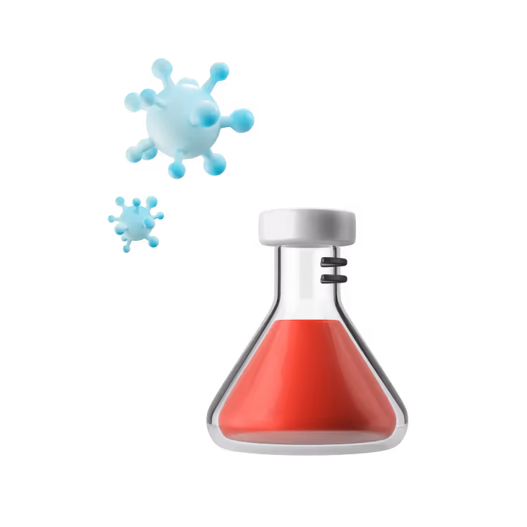 Laboratory flask filled with red liquid next to two floating blue virus-like particles.