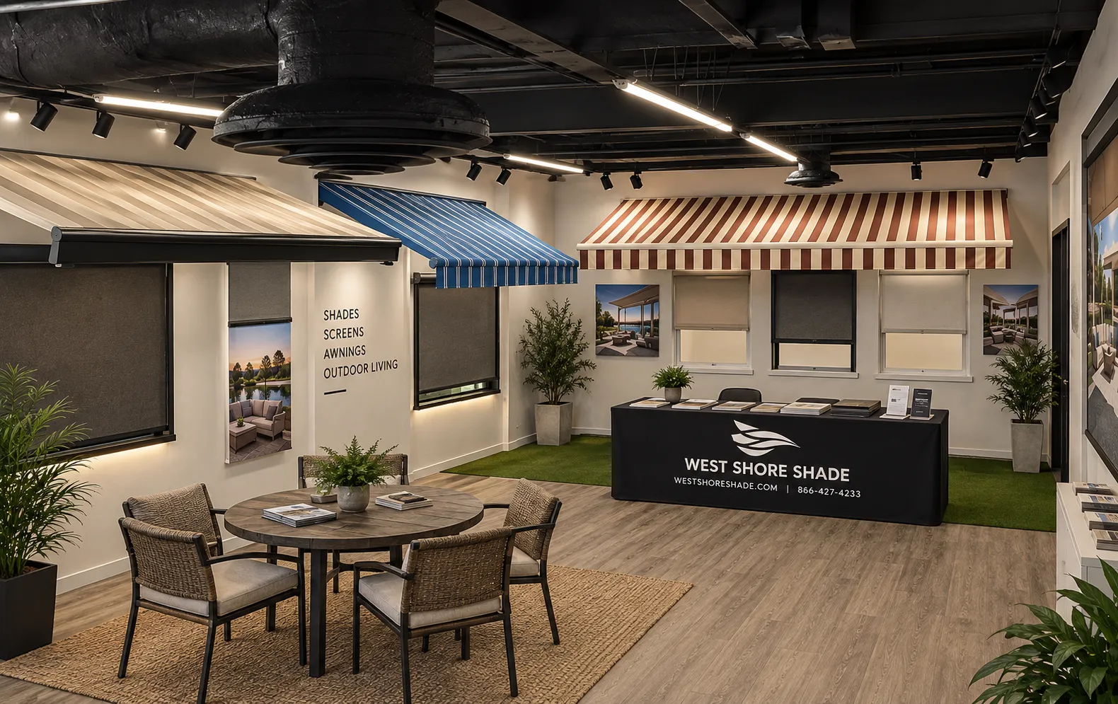 West Shore Shade showroom in Gibsonton, FL with retractable awnings, motorized screens and shade samples on display