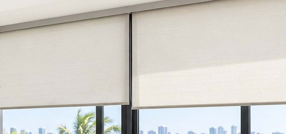 Manual roller shades with solar screen fabric on large windows