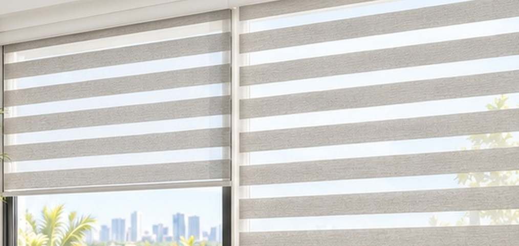 Zebra shades with layered sheer and solid fabric bands