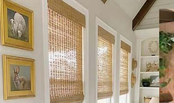 Woven wood shade over a kitchen sink window