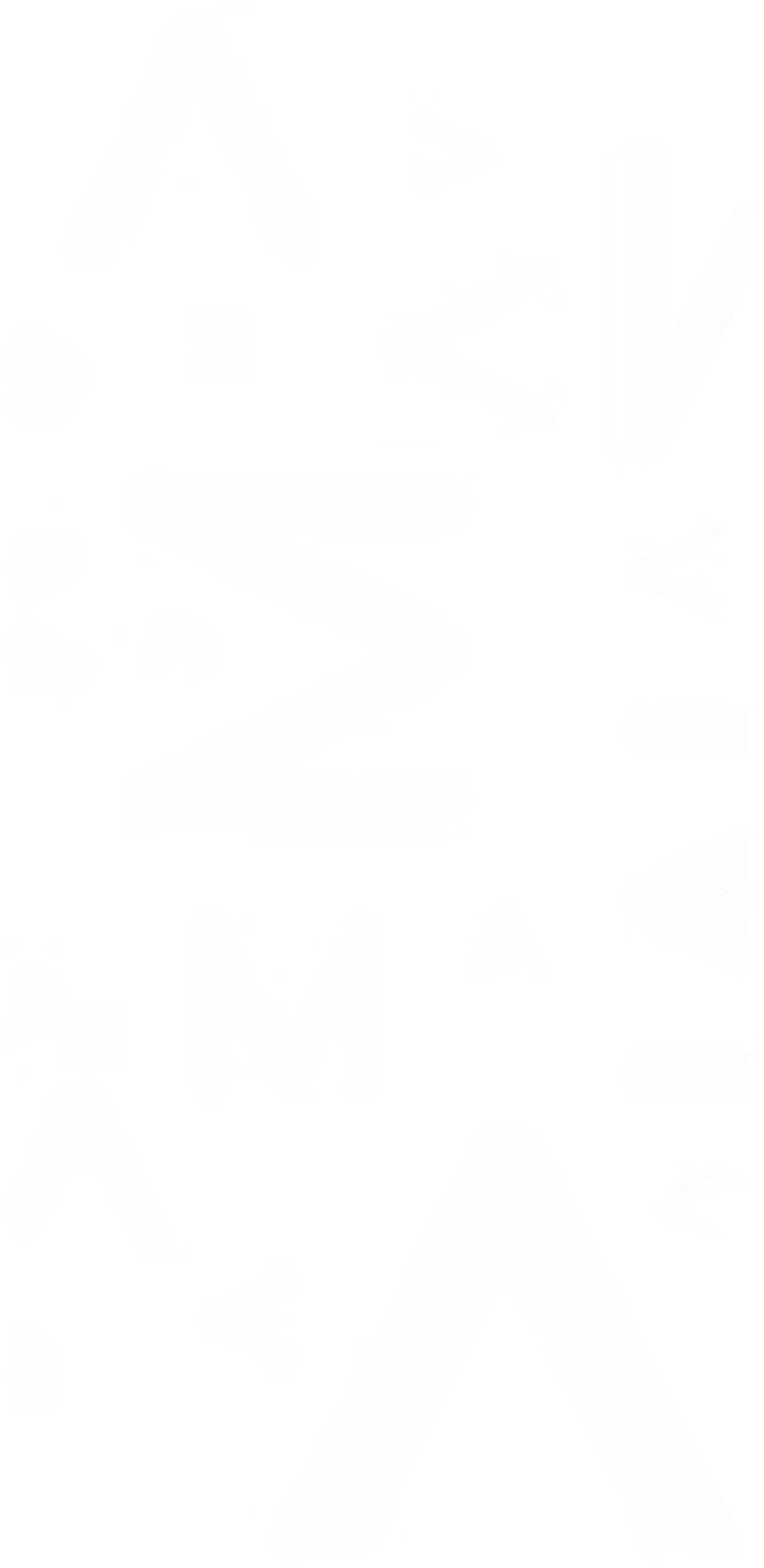 Abstract pattern of various white geometric shapes including triangles, chevrons, and the letter M on a transparent background.