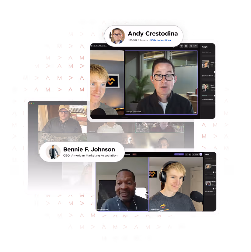 Screenshots of virtual meeting with Andy Crestodina and Bennie F. Johnson speaking, each identified with name and title labels.
